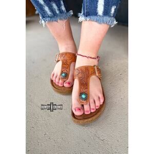 Sunland Western Leather Sandals - Turquoise Concho Boho Summer Shoes